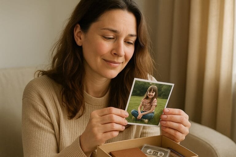 Vrouw die naar foto van vroeger kijkt