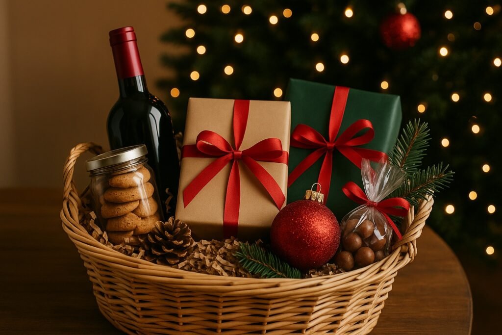 Kerstpakket in een rieten mand