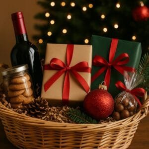 Kerstpakket in een rieten mand