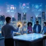 Groep marketeers bij futuristische dashboards