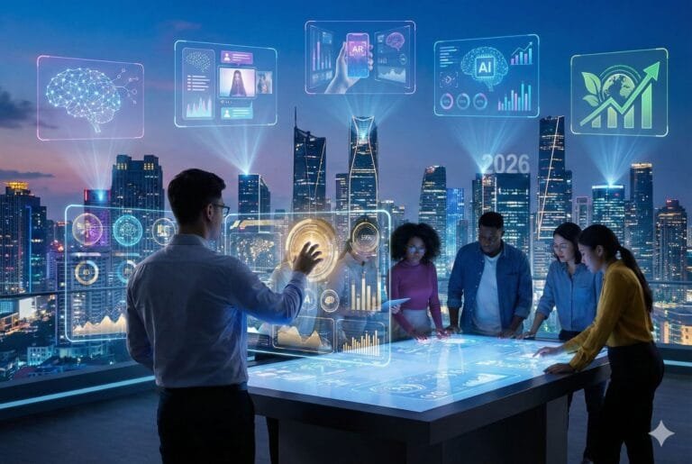 Groep marketeers bij futuristische dashboards