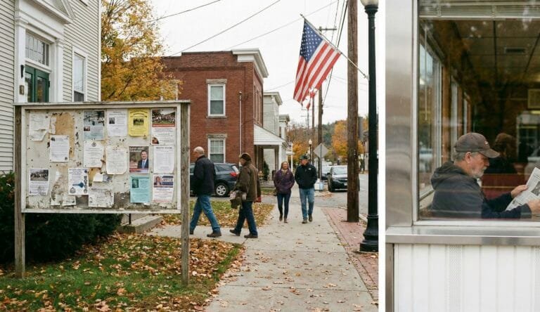 Amerikaanse straat in de herfst met een wapperende vlag, een prikbord en voorbijgangers op de stoep
