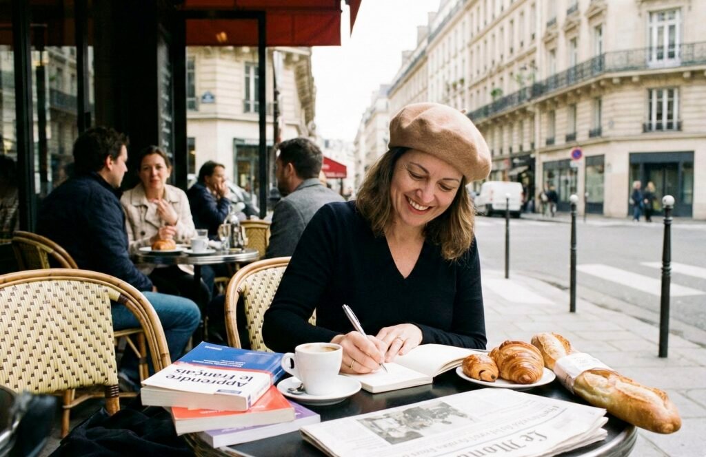 Vrouw schrijft in boek in Frankrijk