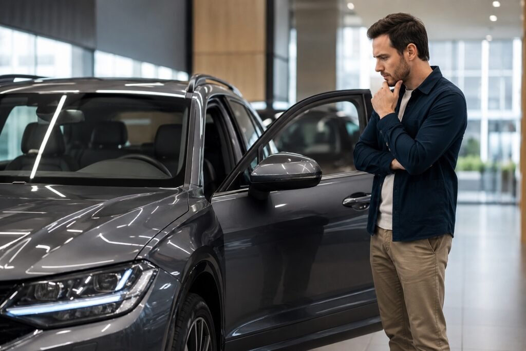 Overwogen aankoop in moderne auto showroom