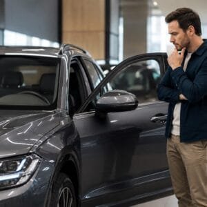 Overwogen aankoop in moderne auto showroom
