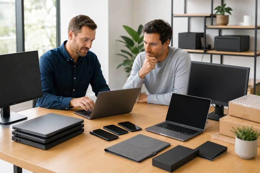 Werknemer en koper van tweedehands computer