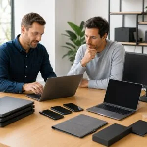 Werknemer en koper van tweedehands computer