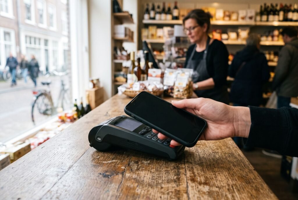 Iemand houdt een smartphone bij een betaalautomaat op de toonbank van een kleine winkel