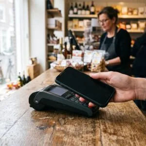 Iemand houdt een smartphone bij een betaalautomaat op de toonbank van een kleine winkel