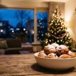 Oliebollen op een schaal op een gedekte tafel bij het aftellen naar middernacht