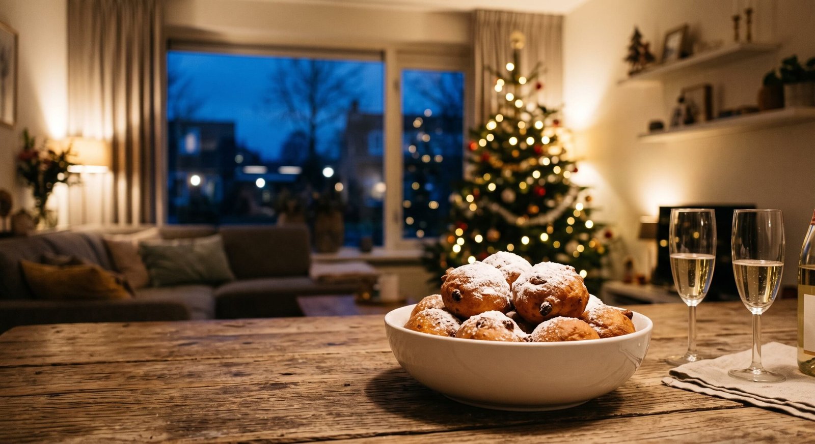 Oliebollen op een schaal op een gedekte tafel bij het aftellen naar middernacht