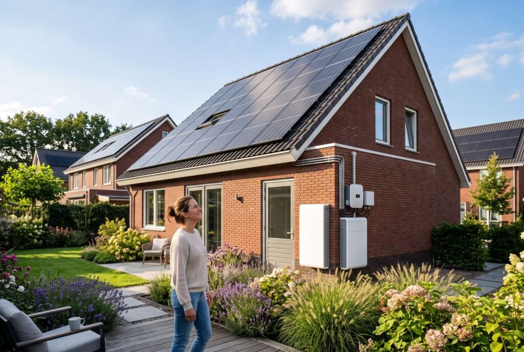 Zonnepanelen op Nederlandse rijtjeshuisdaken in de late septemberzon