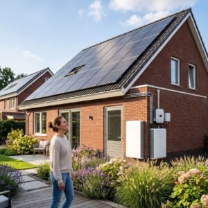 Zonnepanelen op Nederlandse rijtjeshuisdaken in de late septemberzon