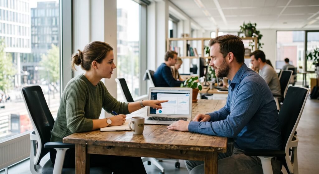 Twee collegas bespreken samen achter een laptop hoe ze AI-hulpmiddelen op het werk gebruiken