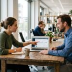 Twee collega's bespreken samen achter een laptop hoe ze AI-hulpmiddelen op het werk gebruiken