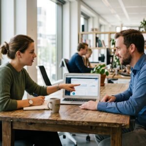 Twee collega's bespreken samen achter een laptop hoe ze AI-hulpmiddelen op het werk gebruiken