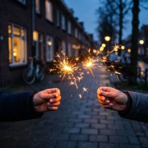 Twee handen houden brandende sterretjes vast in een Nederlandse straat bij schemering