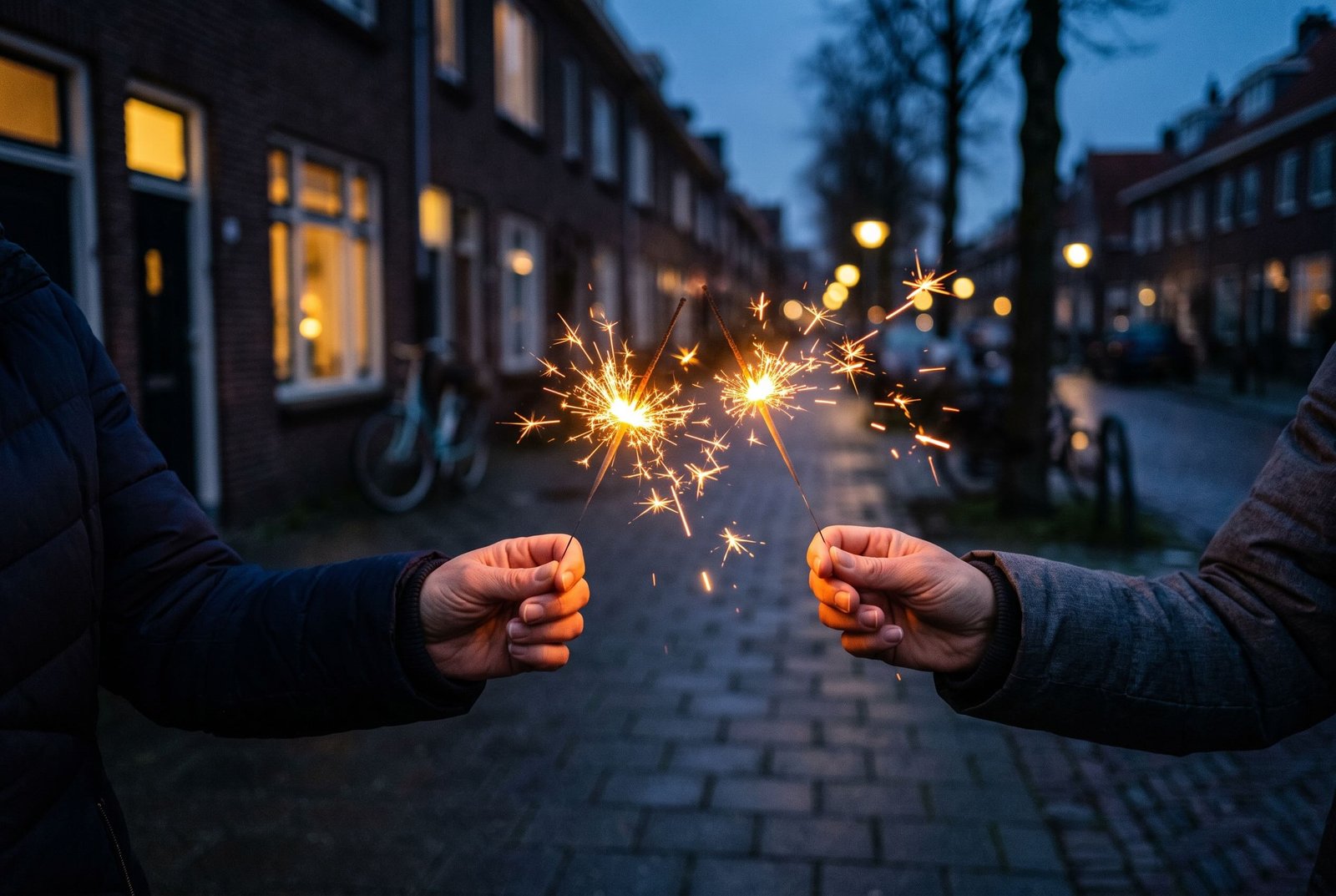Twee handen houden brandende sterretjes vast in een Nederlandse straat bij schemering