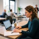 Volwassen cursist met laptop en notitieblok in een licht leslokaal