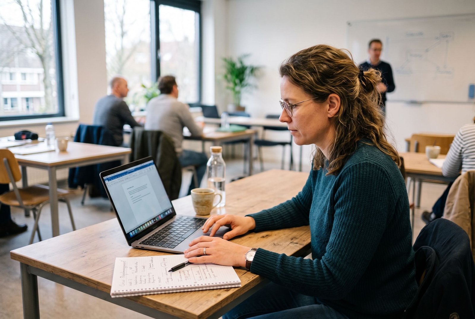 Volwassen cursist met laptop en notitieblok in een licht leslokaal