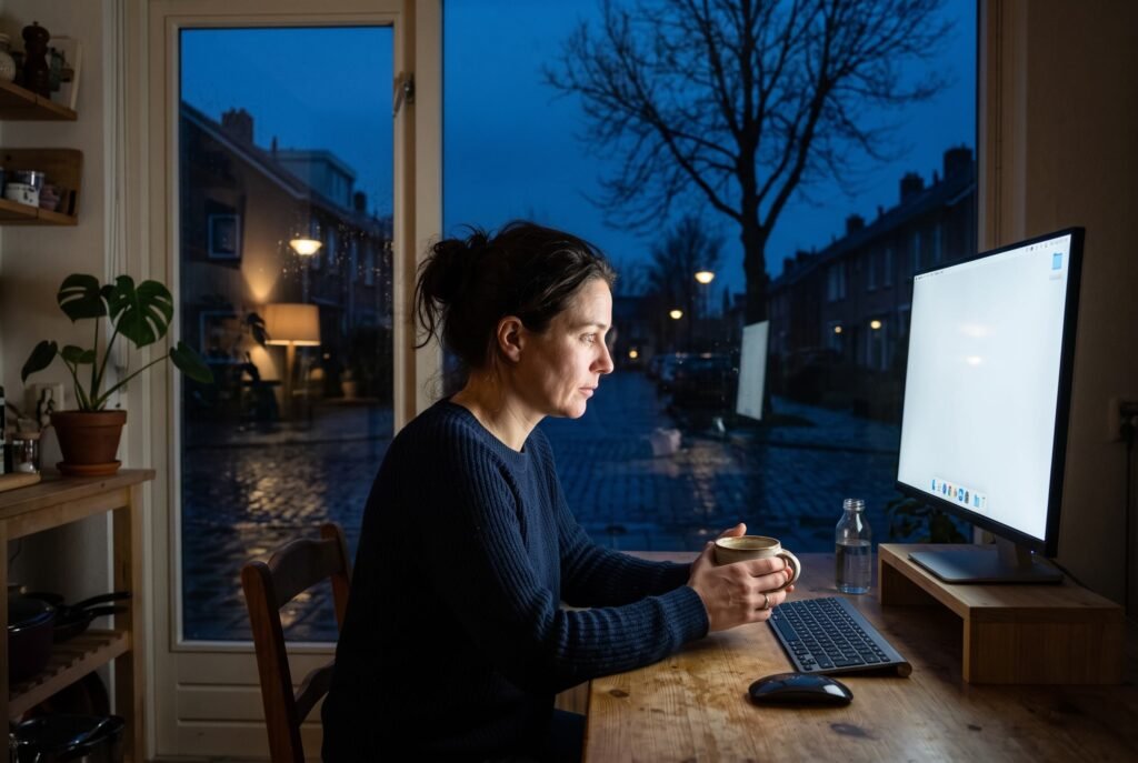 Vrouw achter een daglichtlamp aan de keukentafel op een donkere winterochtend