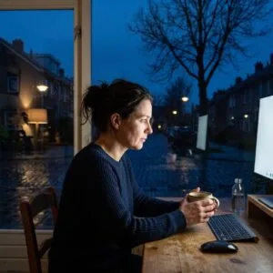 Vrouw achter een daglichtlamp aan de keukentafel op een donkere winterochtend