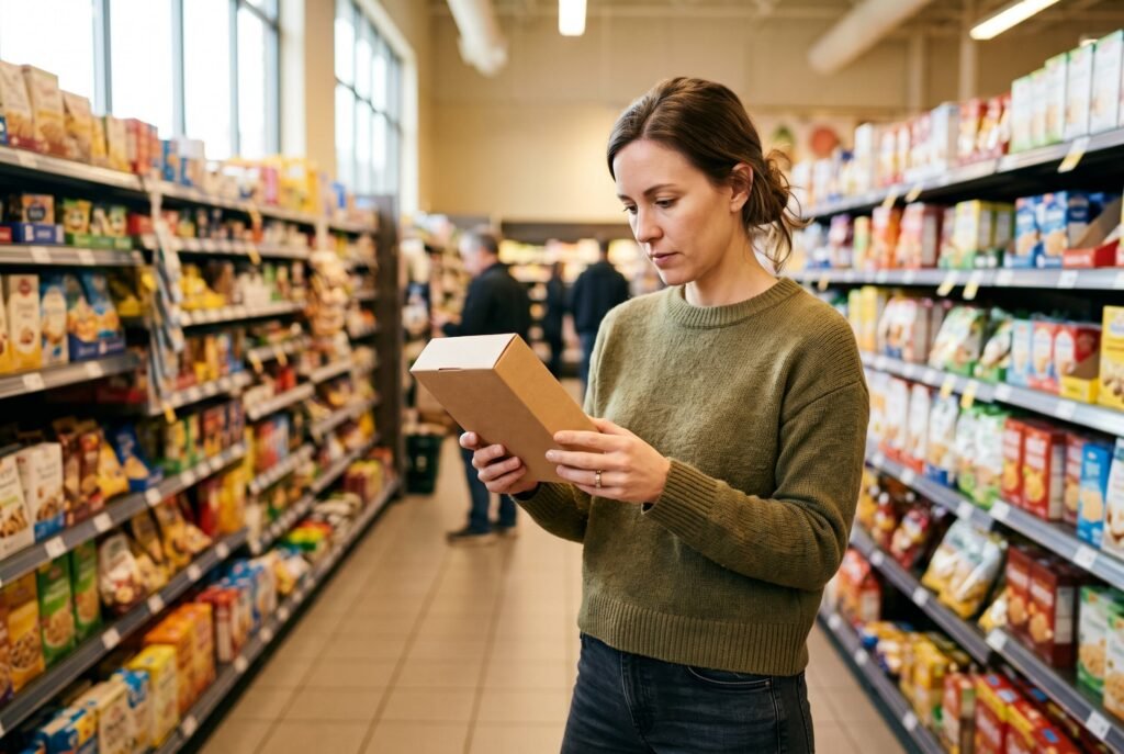 Vrouw in een supermarkt draait een kartonnen verpakking om om de achterkant te lezen