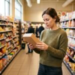 Vrouw in een supermarkt draait een kartonnen verpakking om om de achterkant te lezen