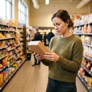 Vrouw in een supermarkt draait een kartonnen verpakking om om de achterkant te lezen