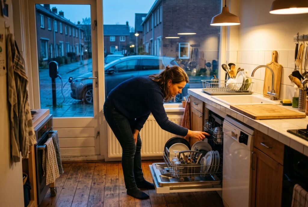 Vrouw zet in de schemering de vaatwasser aan in een Nederlandse keuken, met buiten een elektrische auto aan de laadpaal