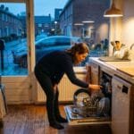 Vrouw zet in de schemering de vaatwasser aan in een Nederlandse keuken, met buiten een elektrische auto aan de laadpaal