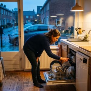 Vrouw zet in de schemering de vaatwasser aan in een Nederlandse keuken, met buiten een elektrische auto aan de laadpaal
