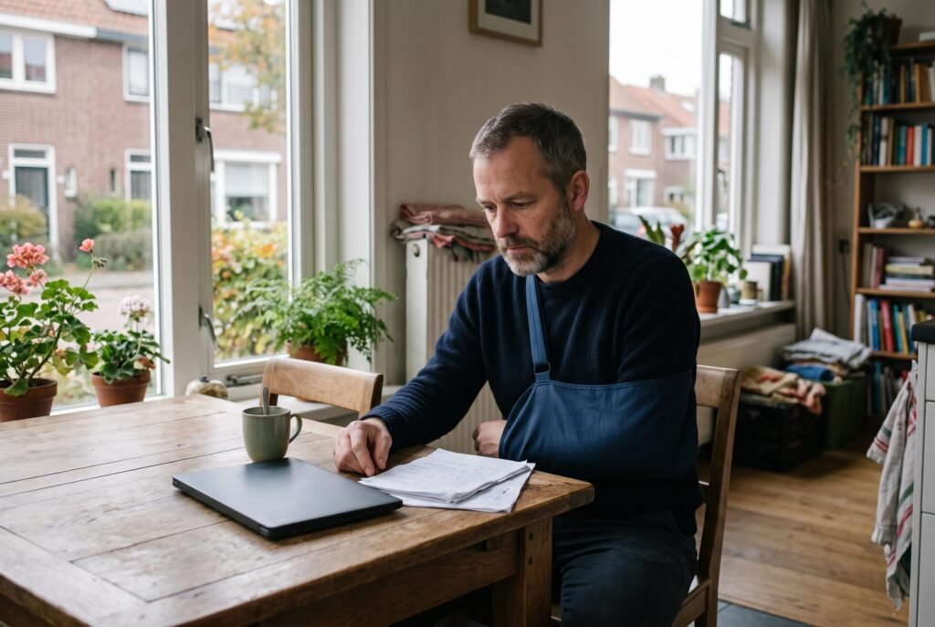 Zelfstandige met een mitella aan de keukentafel tussen zijn papierwerk