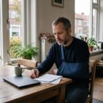 Zelfstandige met een mitella aan de keukentafel tussen zijn papierwerk