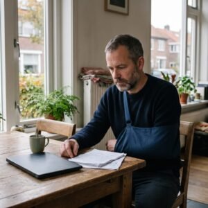 Zelfstandige met een mitella aan de keukentafel tussen zijn papierwerk