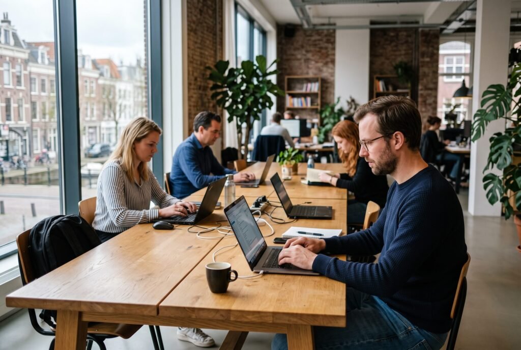 Zzper met laptop aan een werktafel tussen medewerkers van het bedrijf waarvoor hij werkt