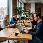 Zelfstandige met laptop aan een werktafel tussen medewerkers van het bedrijf waarvoor hij werkt