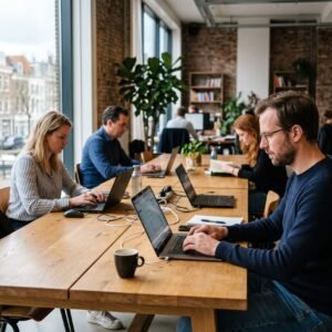 Zelfstandige met laptop aan een werktafel tussen medewerkers van het bedrijf waarvoor hij werkt