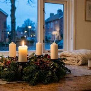 Adventskrans van dennengroen met vier witte kaarsen op een houten eettafel, waarvan er één brandt