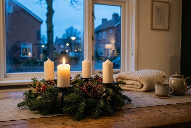Adventskrans van dennengroen met vier witte kaarsen op een houten eettafel, waarvan er één brandt
