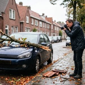 Man fotografeert een afgebroken boomtak op een geparkeerde auto in een Nederlandse straat na een storm