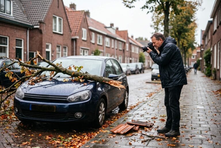 Man fotografeert een afgebroken boomtak op een geparkeerde auto in een Nederlandse straat na een storm