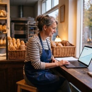 Bakker bekijkt na sluitingstijd op een laptop een stijgende grafiek van bezoekers aan zijn website