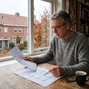 Man vergelijkt aan de eettafel een brief van de gemeente met de plattegrond van zijn rijtjeshuis