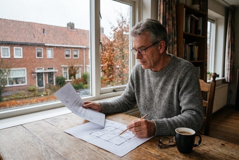 Man vergelijkt aan de eettafel een brief van de gemeente met de plattegrond van zijn rijtjeshuis