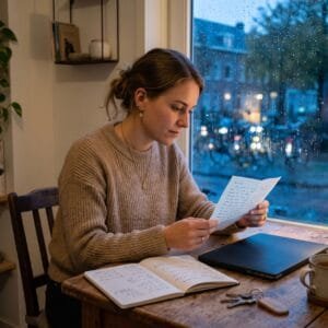 Jonge vrouw leest aan de keukentafel een brief met een laptop en een schrift met berekeningen voor zich