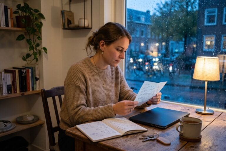 Jonge vrouw leest aan de keukentafel een brief met een laptop en een schrift met berekeningen voor zich