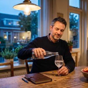 Man schenkt aan de keukentafel bruiswater in een wijnglas met een notitieboekje ernaast