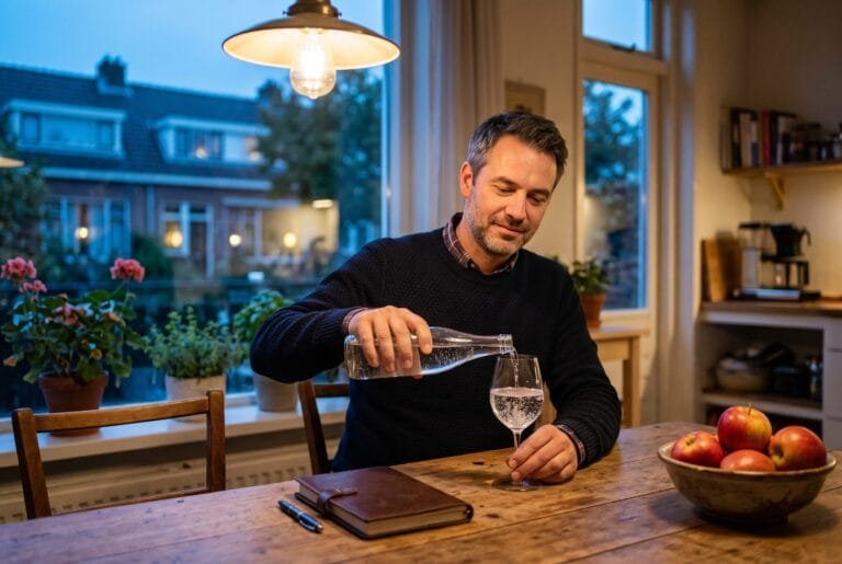 Man schenkt aan de keukentafel bruiswater in een wijnglas met een notitieboekje ernaast