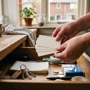 Handen halen een stapeltje cadeaubonnen uit een keukenla bij daglicht